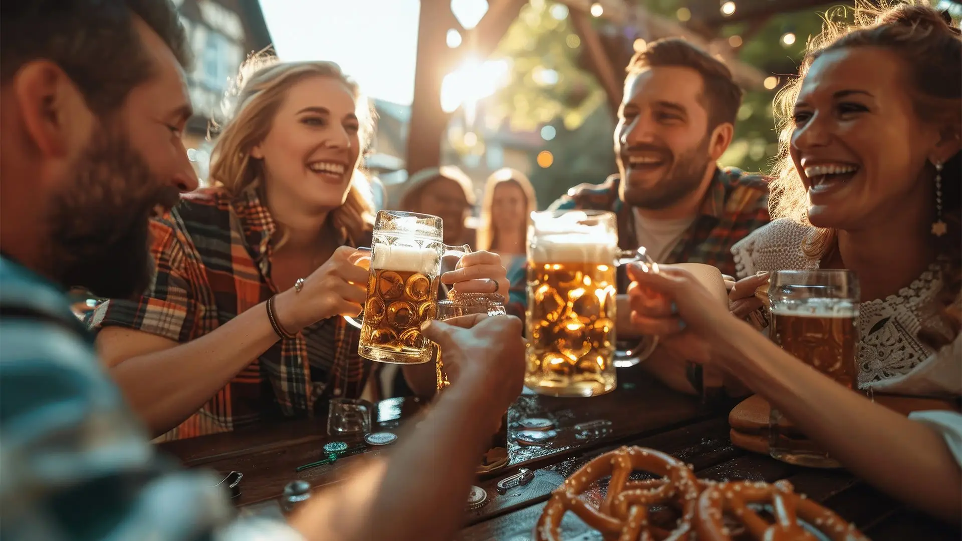 Friends raising steins of beer over pretzels at a German festival